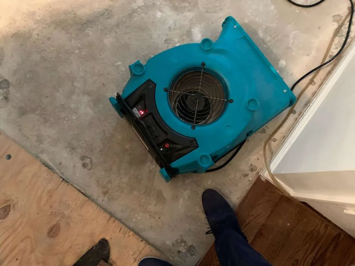 Air mover drying subfloor during Commercial Water Damage Restoration in Thompson